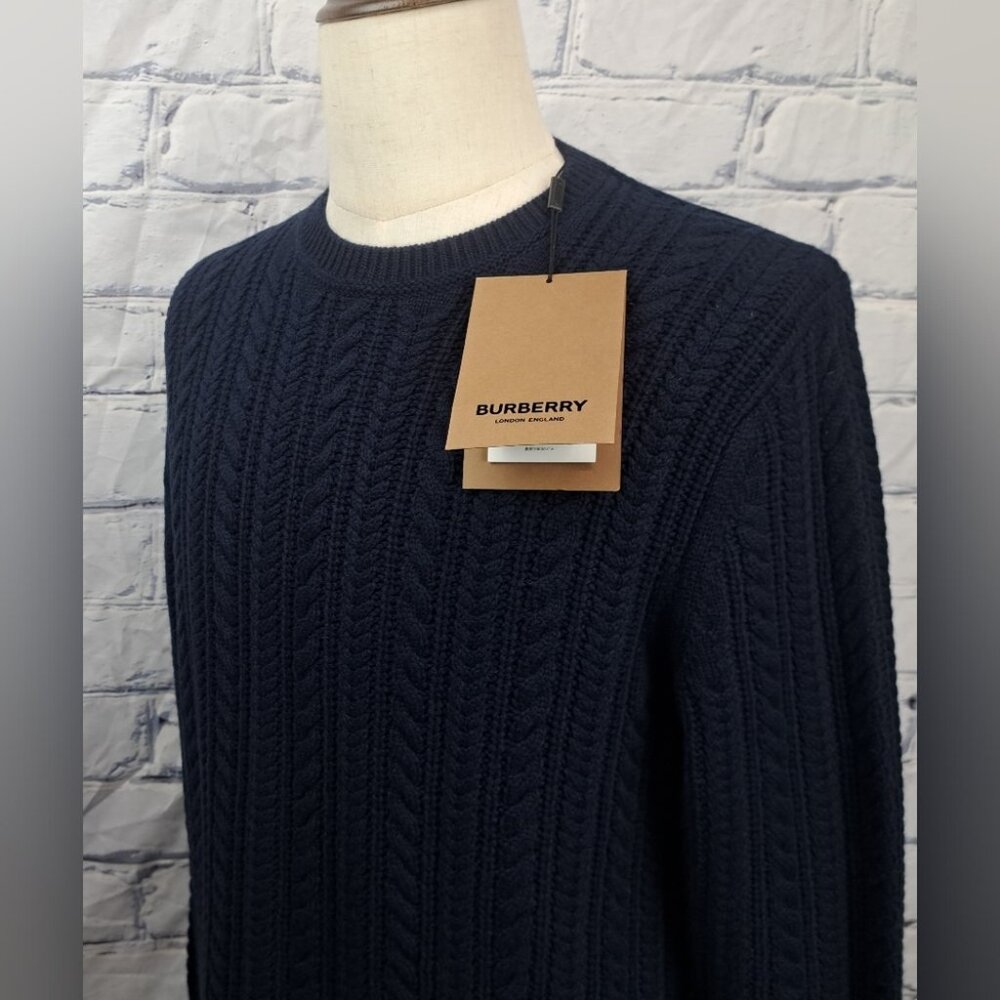 NWT Burberry Men's Cable Knit Sweater 100% Cashmere Fishermen Navy Medium $950